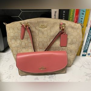 Coach purse and wallet, coral and champagne colored.
